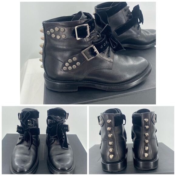 SAINT LAURENT Spike Studded Black Leather Combat Ankle Boots - Picture 2 of 12